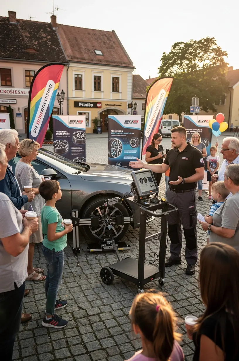 Detailný pohľad na kalibračný prístroj merajúci zarovnanie riadenia vozidla